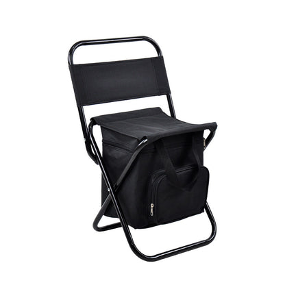 A folded black camping chair with a storage bag on top, designed for outdoor activities.