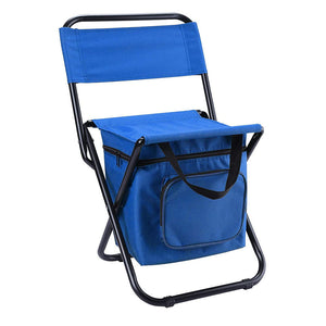 A blue portable 3-in-1 folding camping chair with a storage bag and backrest, designed for outdoor activities like fishing, hiking, and picnics.