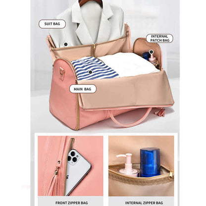 Black And Brown  PU Leather Foldable Garment Bag, Women's Travel Duffel with Suit Carrier, Multi-Function Storage