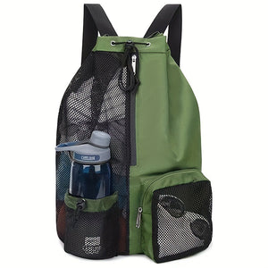 A green mesh drawstring Gym Bag Backpack with wet pocket, side mesh pockets and adjustable shoulder straps.