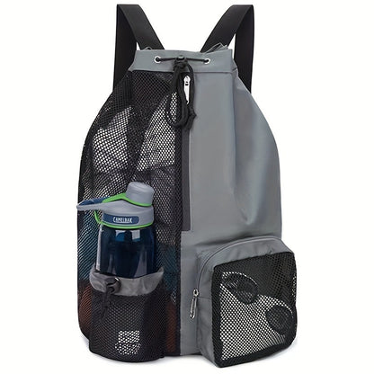 A gray mesh drawstring swim backpack with wet pocket, side mesh pockets with a water bottle, and adjustable shoulder straps.
