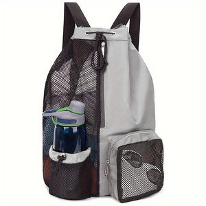 A light grey mesh drawstring swim backpack with dedicated wet pocket and side mesh pockets, shown with a water bottle and sunglasses stored in it.