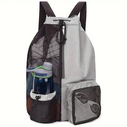A light grey mesh drawstring swim backpack with dedicated wet pocket and side mesh pockets, shown with a water bottle and sunglasses stored in it.