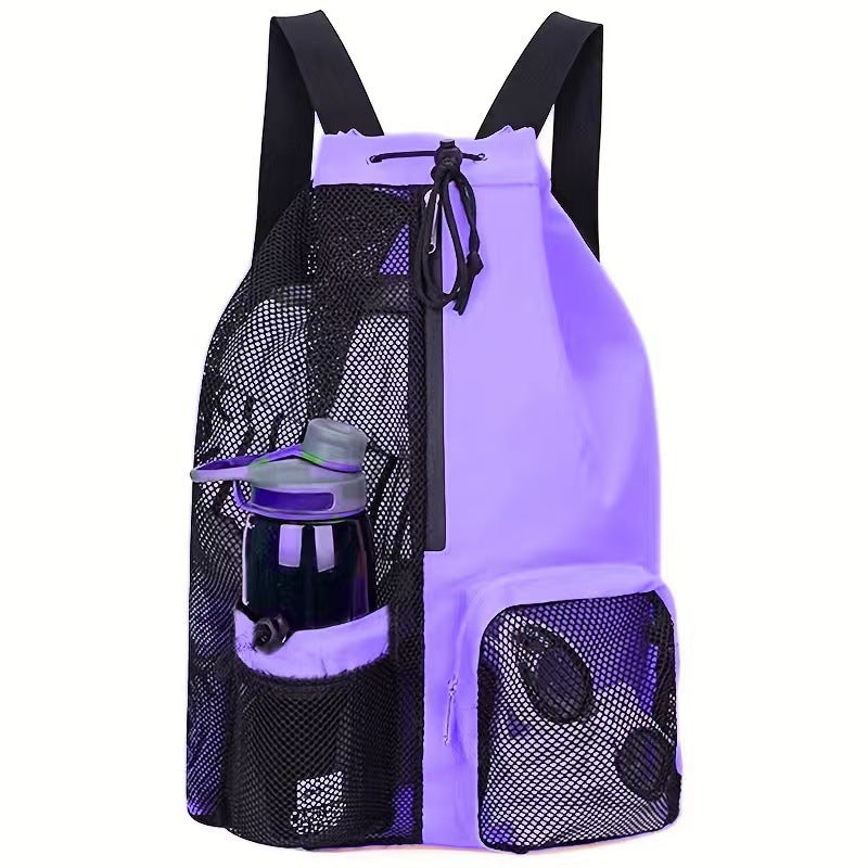 A purple mesh drawstring swim backpack with wet pocket, side mesh pockets and black straps, displayed with a water bottle and sunglasses inside.