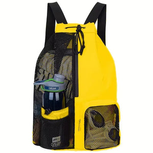A yellow mesh drawstring swim backpack with wet pocket and side mesh pockets, featuring black straps and containing a water bottle and sunglasses.