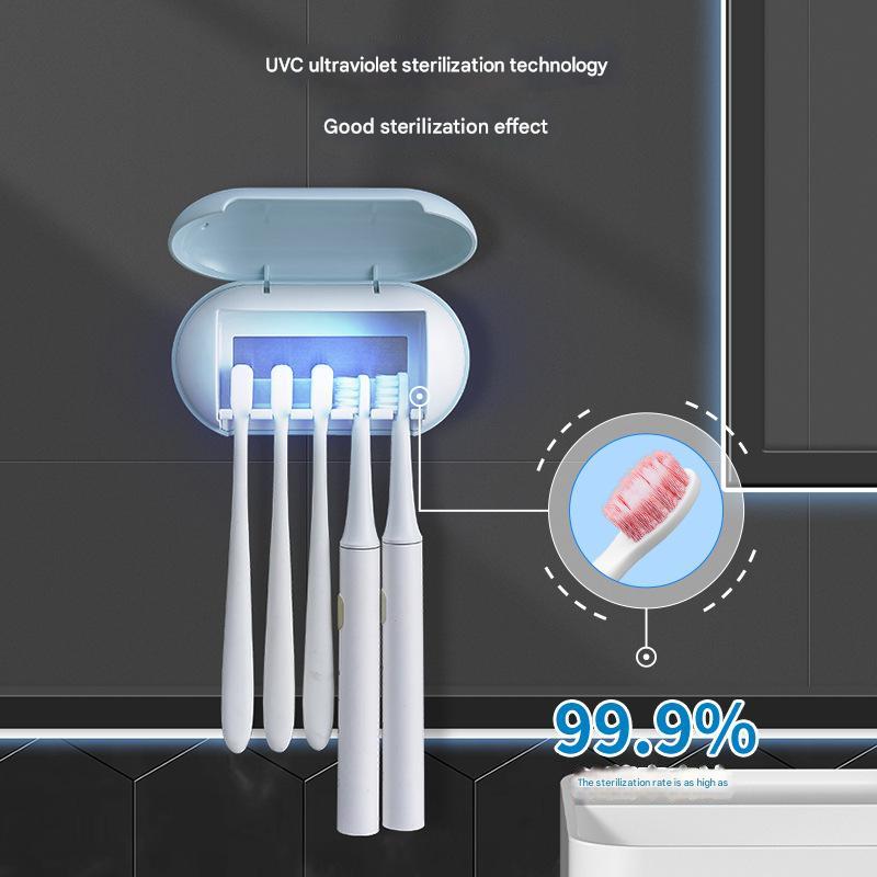 Cyan Wall - Mounted Toothbrush Sterilizer with UV - C Disinfection and Drying - USB Rechargeable, Family 5 - Brush Holder, ABS Material - Factory Direct Shop