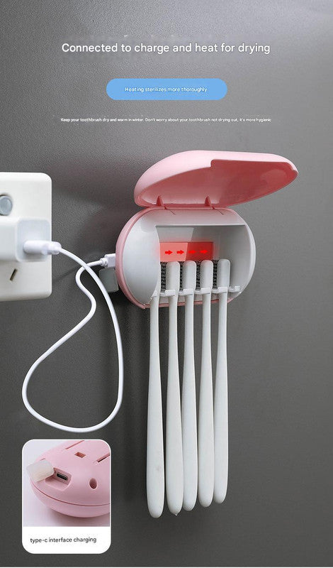 Cyan Wall - Mounted Toothbrush Sterilizer with UV - C Disinfection and Drying - USB Rechargeable, Family 5 - Brush Holder, ABS Material - Factory Direct Shop