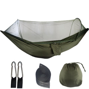 Camping Hammock Automatic pop-up mosquito net hammock in green color with included accessories, displayed in a folded state and an unfolded state showing the mesh design.