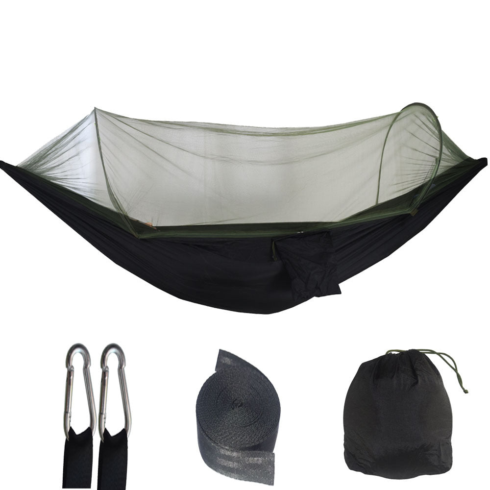 Camping Hammock Automatic pop-up mosquito net hammock displayed alongside included accessories, such as carabiners and straps, in a folded state and a carrying pouch.