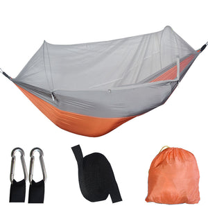 Camping Hammock Automatic pop-up mosquito net hammock in orange and gray with included accessories such as carabiners and carrying pouch, displayed in both folded and unfolded states.