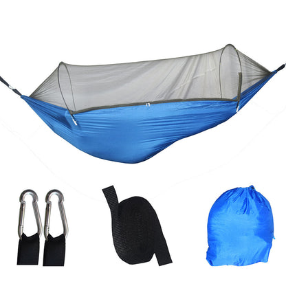 Camping Hammock Automatic pop-up mosquito net hammock in blue with included accessories, showing the hammock unfolded and folded, along with carabiners and straps.