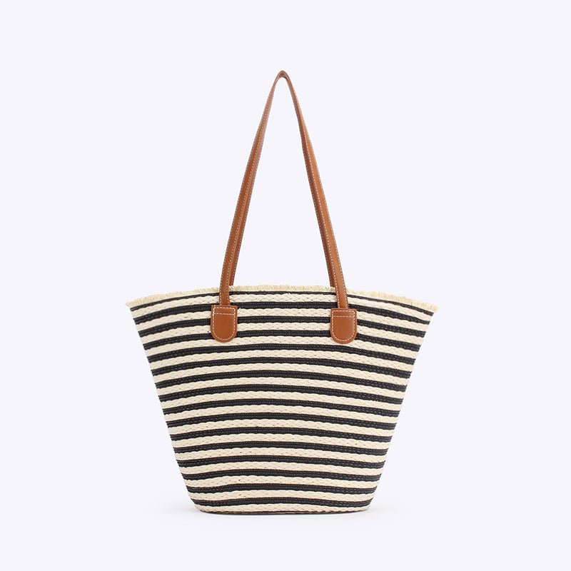 Black And White Stripes Handmade Large Capacity Striped Beach Tote Bag with Zipper and Inner Pocket - Summer Vacation Woven Shoulder Bag for Women - Factory Direct Shop