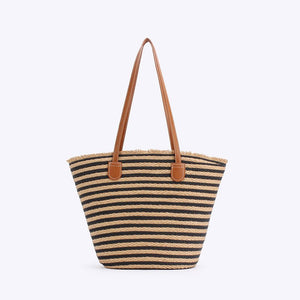 Black And Brown Stripes Handmade Large Capacity Striped Beach Tote Bag with Zipper and Inner Pocket - Summer Vacation Woven Shoulder Bag for Women - Factory Direct Shop