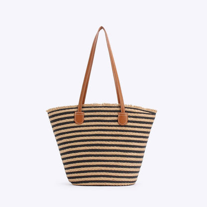Black And Brown Stripes Handmade Large Capacity Striped Beach Tote Bag with Zipper and Inner Pocket - Summer Vacation Woven Shoulder Bag for Women - Factory Direct Shop