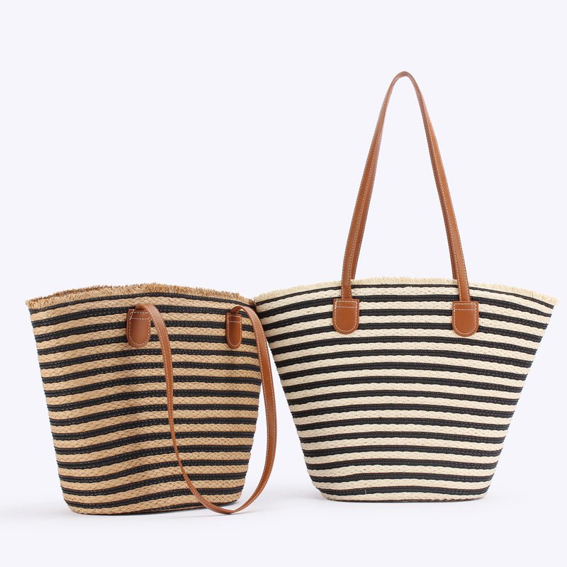 Black And Brown Stripes Handmade Large Capacity Striped Beach Tote Bag with Zipper and Inner Pocket - Summer Vacation Woven Shoulder Bag for Women - Factory Direct Shop