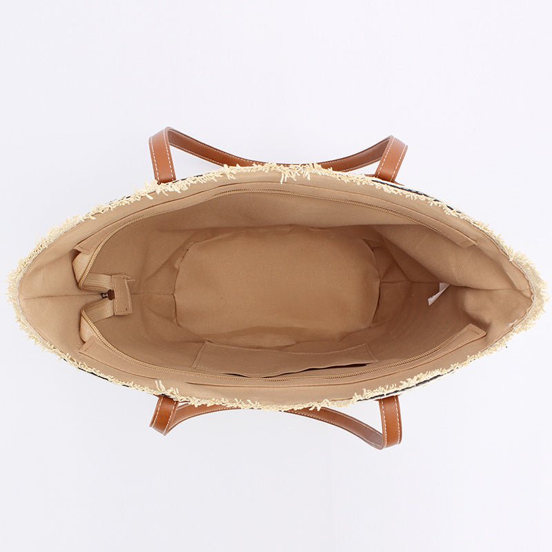 Black And Brown Stripes Handmade Large Capacity Striped Beach Tote Bag with Zipper and Inner Pocket - Summer Vacation Woven Shoulder Bag for Women - Factory Direct Shop