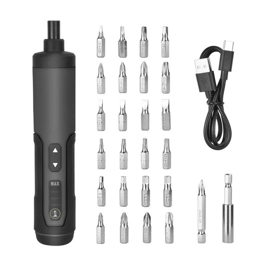 Black electronic screwdriver set with multiple drill bits and charging cable on a white background