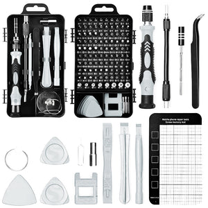 Collection of mobile phone repair tools including screwdrivers and tweezers on a white background.