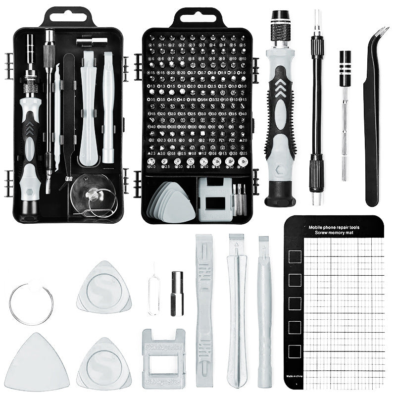 Collection of mobile phone repair tools including screwdrivers and tweezers on a white background.