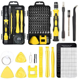 Set of mobile phone repair tools with various components on a white background