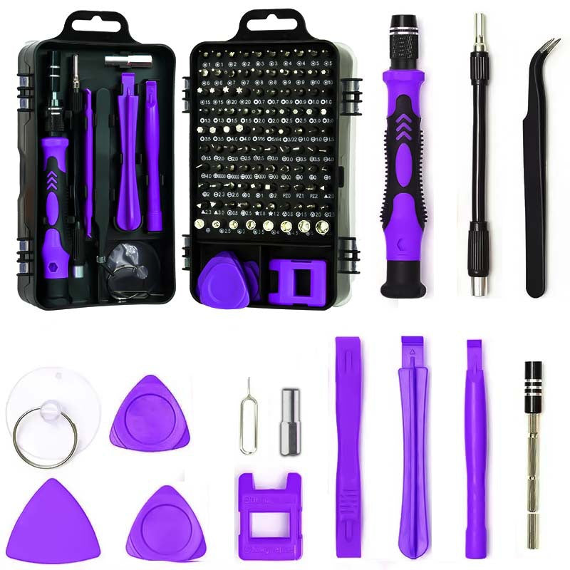 Set of purple and black tools including screwdrivers and repair bits on a white background