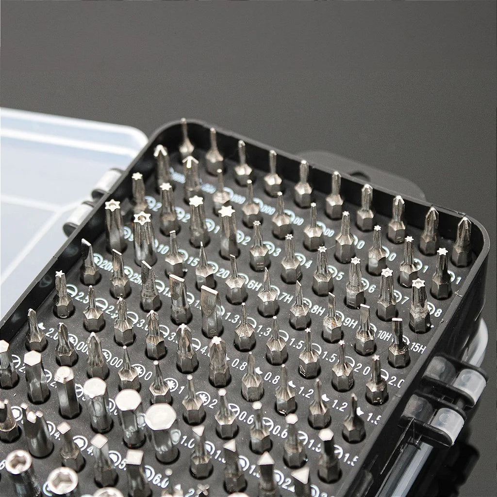 Set of screwdriver bits in a case with a dark background