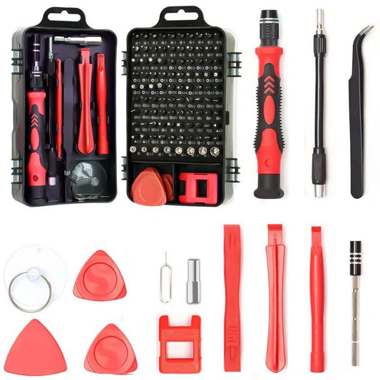 Set of repair tools including screwdrivers and tweezers on a white background
