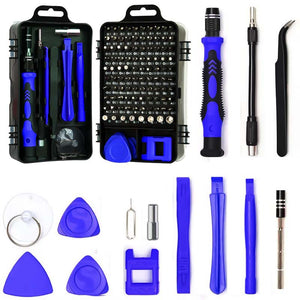Set of blue and black repair tools including screwdrivers and tweezers on a white background