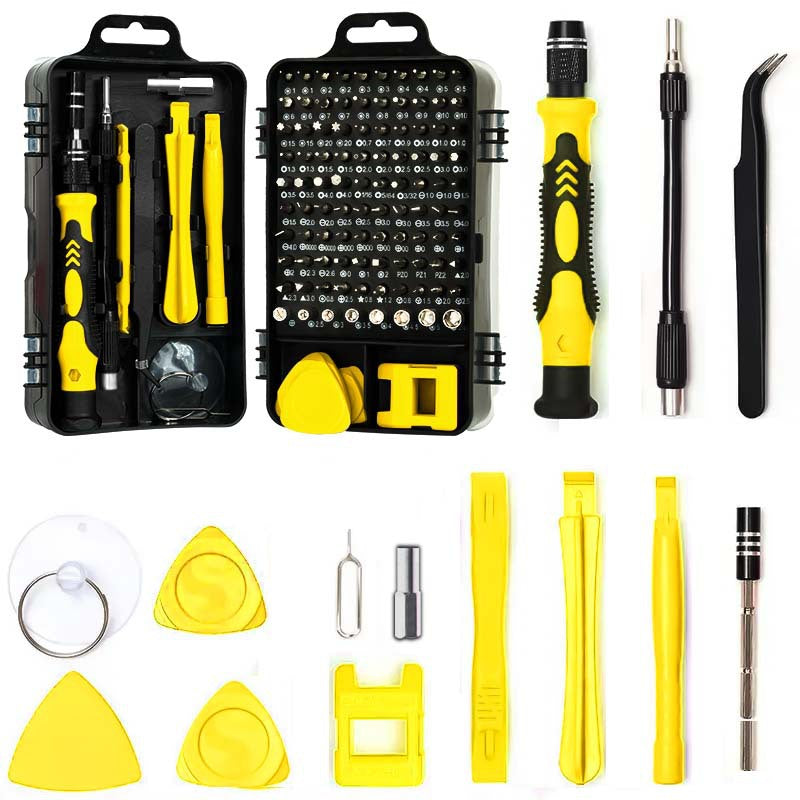 Set of repair tools with black and yellow components on a white background