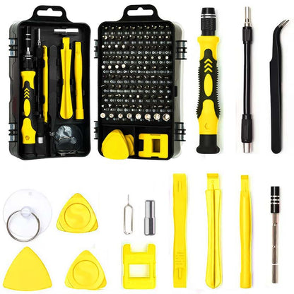 Set of repair tools with black and yellow components on a white background