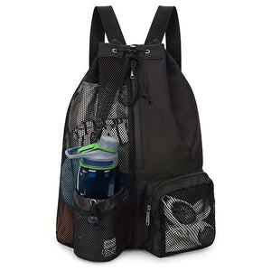 A black mesh Gym Bag Drawstring Backpack with multiple pockets and adjustable straps. The backpack appears to be lightweight and is shown with items such as a water bottle and sunglasses in the pockets.