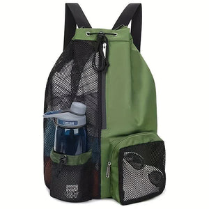 A green mesh Gym Bag Drawstring Backpack with black straps and multiple pockets, displayed with a water bottle and sunglasses in one of the pockets.