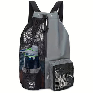 A grey mesh Gym Bag Drawstring Backpack with multiple pockets and adjustable straps, displayed against a white background.