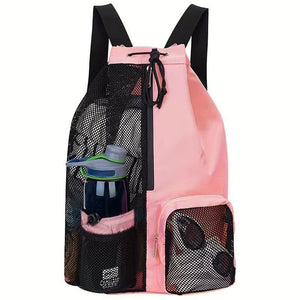 A pink mesh Gym Bag Womens Drawstring Backpack with black straps and multiple pockets, displayed against a white background.