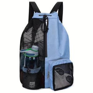 A blue mesh Gym Bag Drawstring Backpack with black mesh side pockets and an adjustable drawstring.