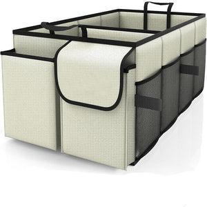 Beige 46L Car Organizer Storage Box with Multiple Compartments and Pockets