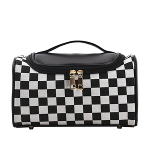Black Checkered Cosmetic Bag with Handle - Stylish, Compact, and Practical for Travel