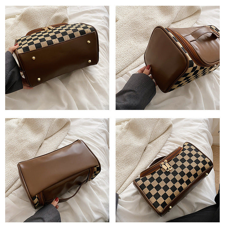 Brown Checkered Cosmetic Bag with Handle - Stylish, Compact, and Practical for Travel