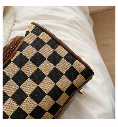 Brown Checkered Cosmetic Bag with Handle - Stylish, Compact, and Practical for Travel
