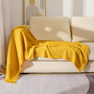 130*230CM Bright Yellow Nordic Solid Color Knitted Sofa Throw Blanket with Tassels