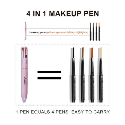 4-in-1 Multi-Functional Makeup Pen Set - Lip Liner, Highlighter, Eyeliner, Eyebrow Pencil (3 Shades, 3-Pack)