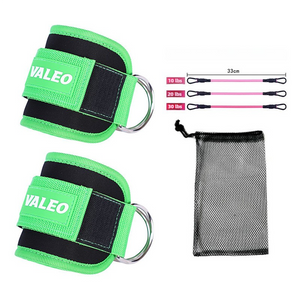 Two green Weight Lifting Ankle Straps with black padding and Velcro, three red elastic ropes, and a black mesh bag with the text 'VALEO' on it.