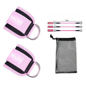 Two pink Weight weight-lifting ankle Straps with black Velcro, metal buckles, and attached red elastic ropes, displayed alongside a black mesh carrying bag.