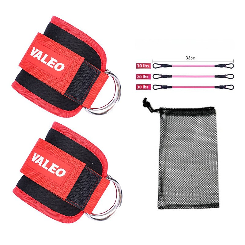 Two red Weight Lifting Ankle Straps with black Velcro, three pink elastic ropes, and a black mesh carrying bag, all branded with 'VALEO' on the straps.