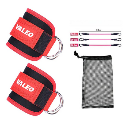 Two red Weight Lifting Ankle Straps with black Velcro, three pink elastic ropes, and a black mesh carrying bag, all branded with 'VALEO' on the straps.