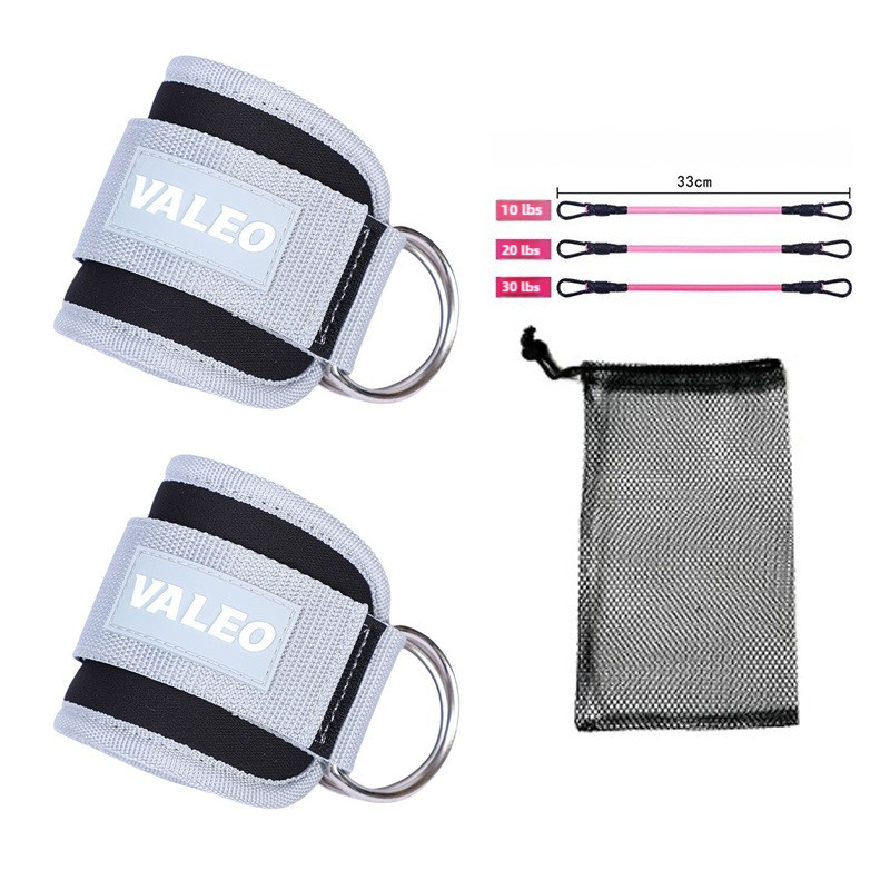 Two Weight Lifting Ankle Straps with the brand name 'VALEO' written on them, accompanied by three pink elastic ropes and a black mesh carrying bag.