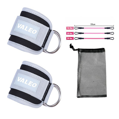 Two Weight Lifting Ankle Straps with the brand name 'VALEO' written on them, accompanied by three pink elastic ropes and a black mesh carrying bag.