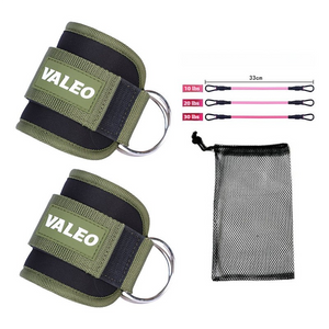 Two  Weight Lifting Ankle Straps Adjustable-Green with black padding and Velcro, three pink elastic ropes, and a black mesh carrying bag.