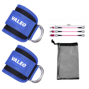 Two blue Weight Lifting Ankle Straps with the brand name 'VALEO' written on them, accompanied by three pink elastic ropes and a black mesh carrying bag.