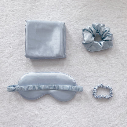 Purple Luxury Faux Silk Sleep Gift Set - 4-Piece Eye Mask, Pillowcase & Scrunchies for Relaxation & Comfort